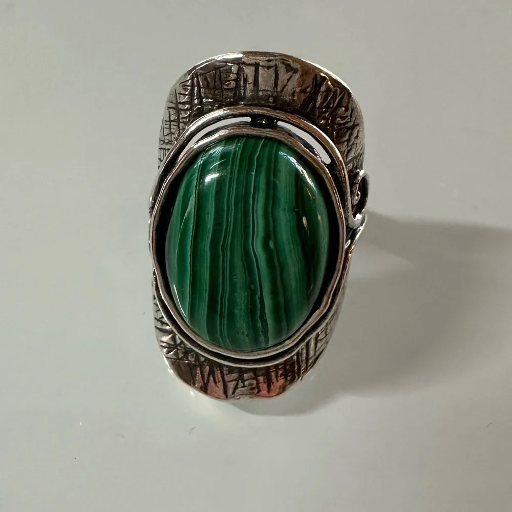 Passage Israel Signed 925 Sterling Silver Malachite Boho Statement Ring Size 6